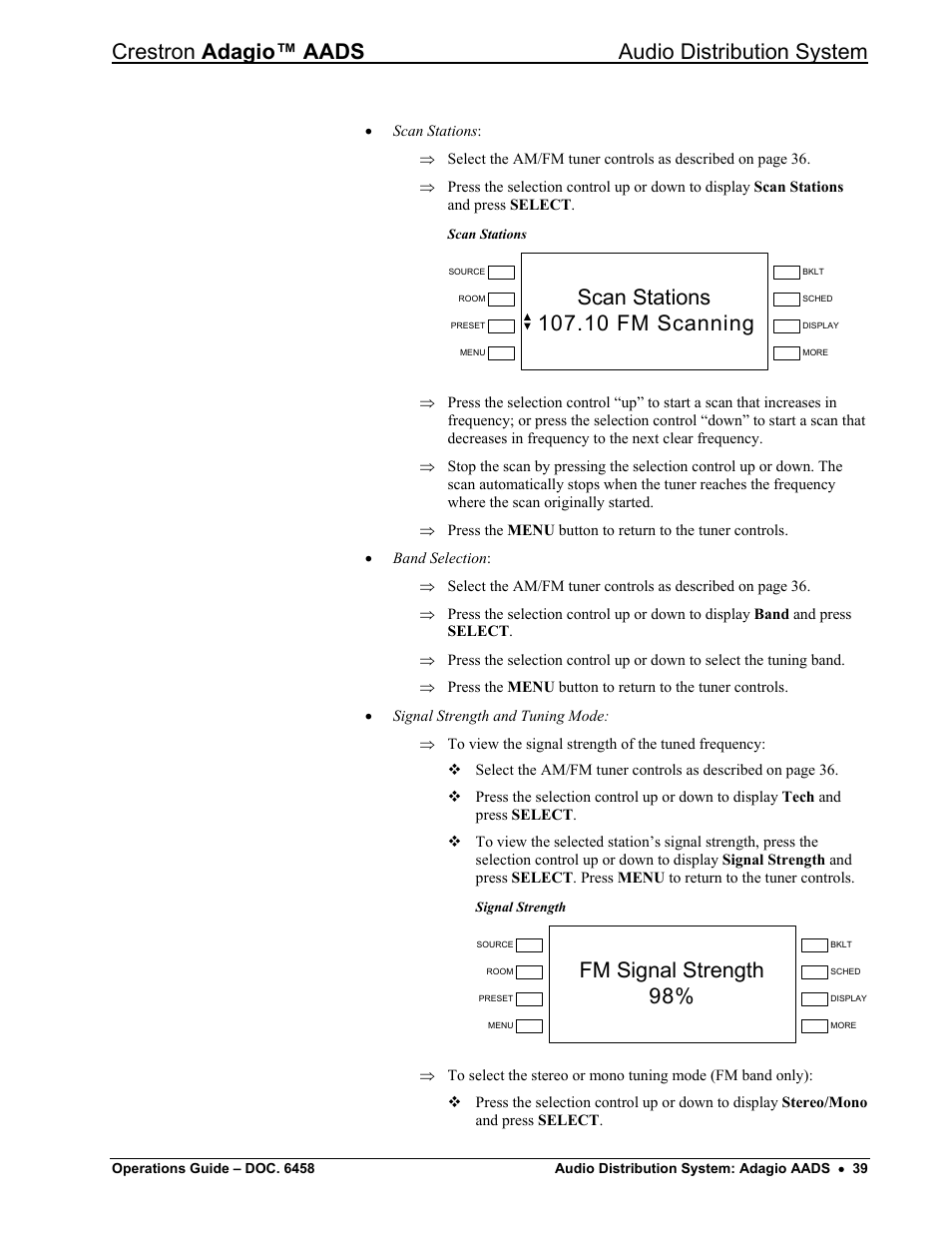 Crestron adagio™ aads audio distribution system, Fm signal strength 98 | Crestron electronic on wall speaker User Manual | Page 43 / 68