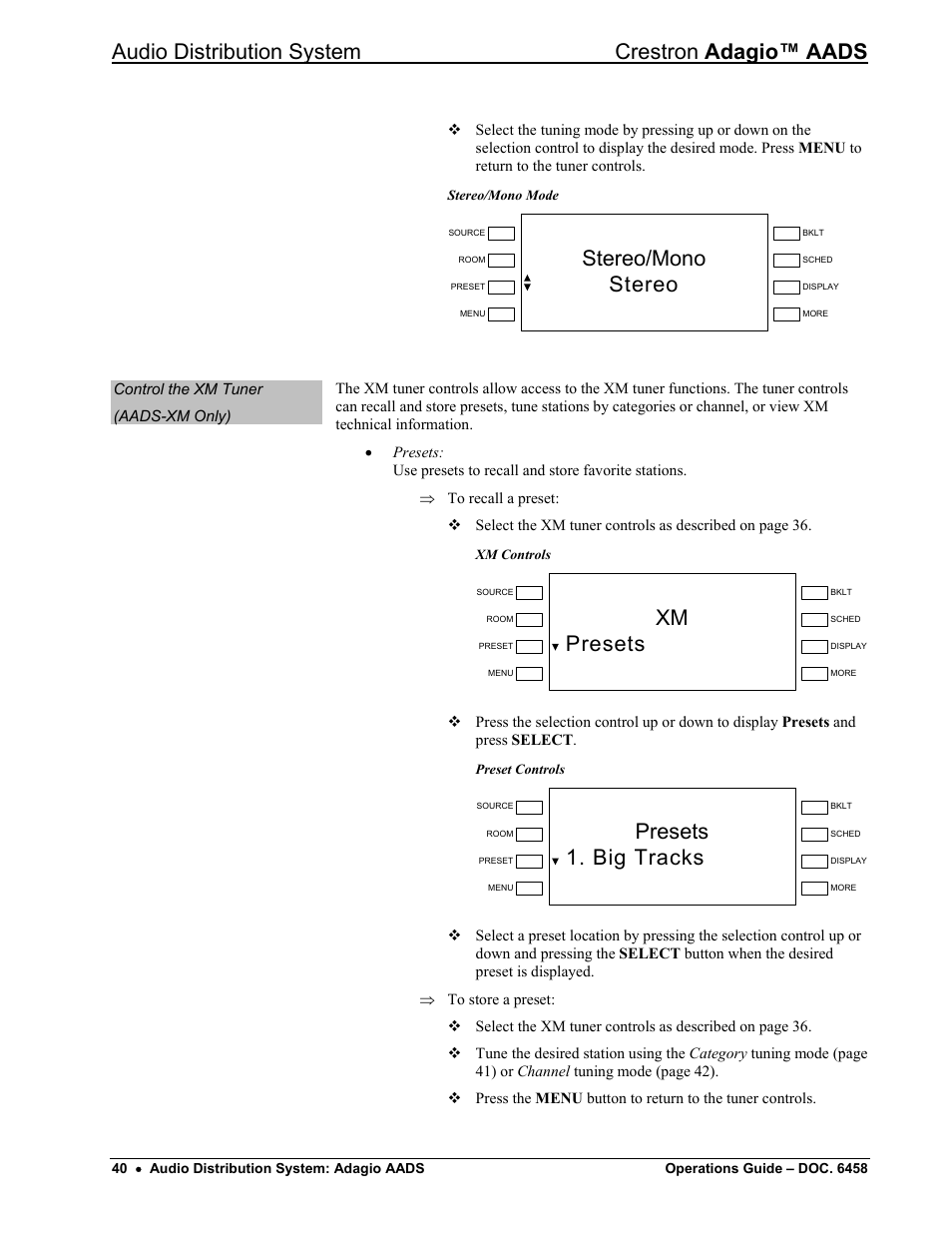 Audio distribution system crestron adagio™ aads, Stereo/mono stereo, Xm presets | Presets 1. big tracks | Crestron electronic on wall speaker User Manual | Page 44 / 68