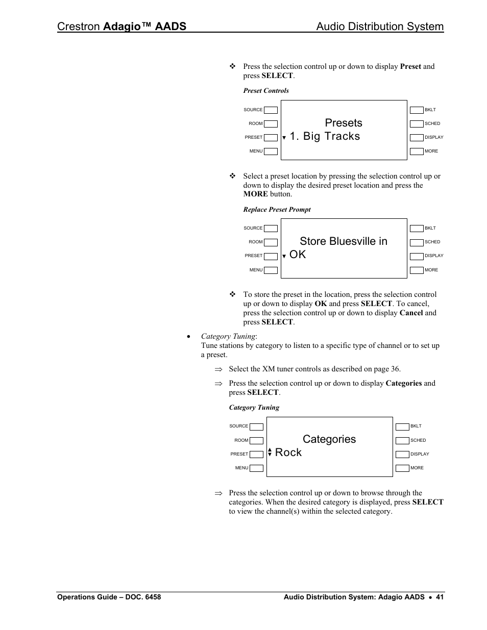 41) or, Crestron adagio™ aads audio distribution system, Presets 1. big tracks | Store bluesville in ok, Categories rock | Crestron electronic on wall speaker User Manual | Page 45 / 68