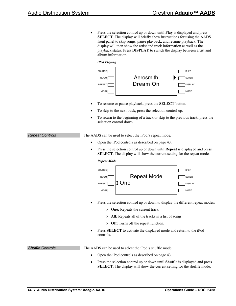 Controlling an adagio audio server (aas), Audio distribution system crestron adagio™ aads, Aerosmith h dream on | Repeat mode one | Crestron electronic on wall speaker User Manual | Page 48 / 68