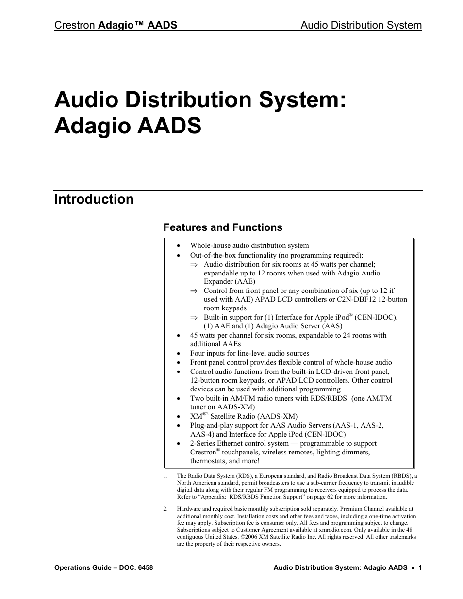 Audio distribution system: adagio aads, Introduction, Features and functions | Crestron adagio™ aads audio distribution system | Crestron electronic on wall speaker User Manual | Page 5 / 68