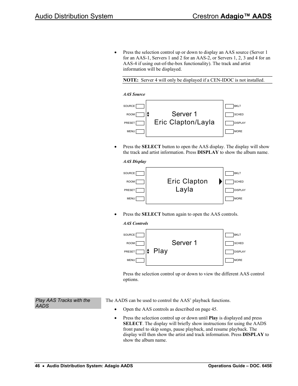 Audio distribution system crestron adagio™ aads, Server 1 eric clapton/layla, Eric clapton h layla | Server 1 play | Crestron electronic on wall speaker User Manual | Page 50 / 68