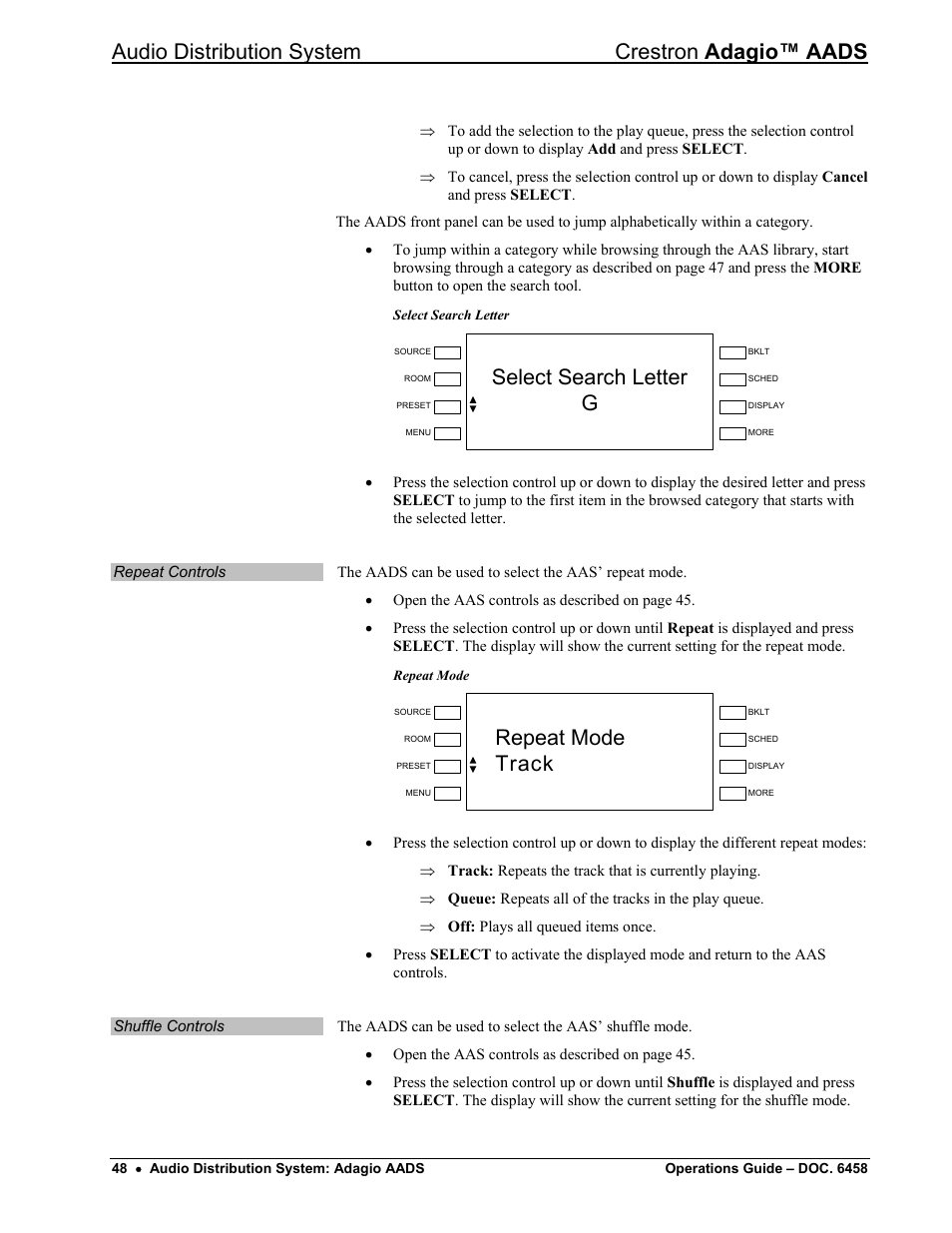 Route a source, Audio distribution system crestron adagio™ aads, Select search letter g | Repeat mode track | Crestron electronic on wall speaker User Manual | Page 52 / 68