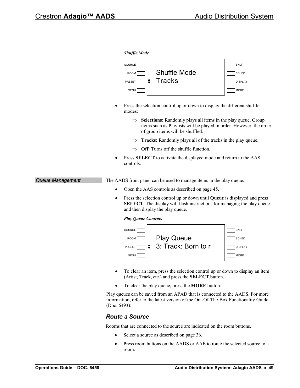 Route a source, Crestron adagio™ aads audio distribution system, Shuffle mode tracks | Play queue 3: track: born to r | Crestron electronic on wall speaker User Manual | Page 53 / 68