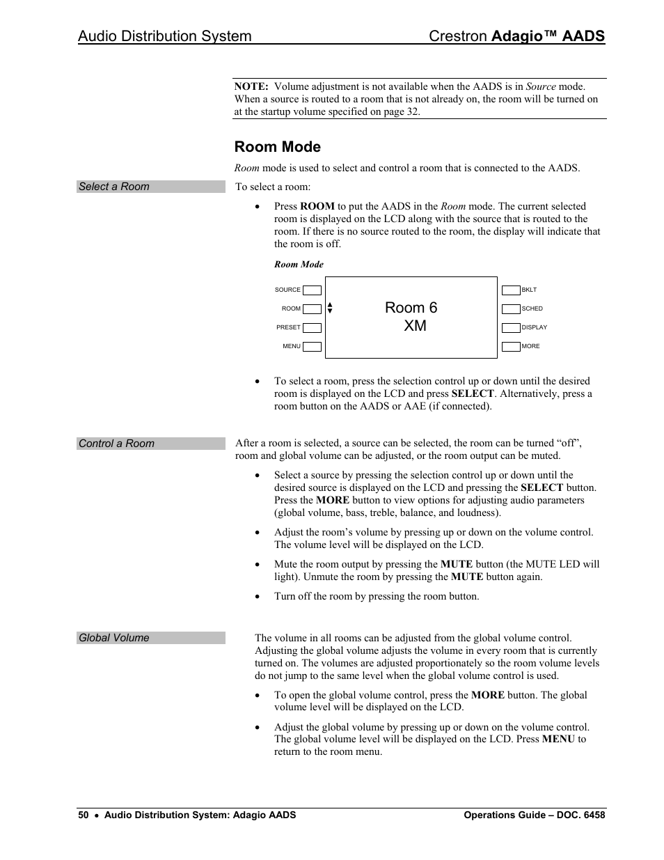 Room mode, Audio distribution system crestron adagio™ aads, Room 6 xm | Crestron electronic on wall speaker User Manual | Page 54 / 68