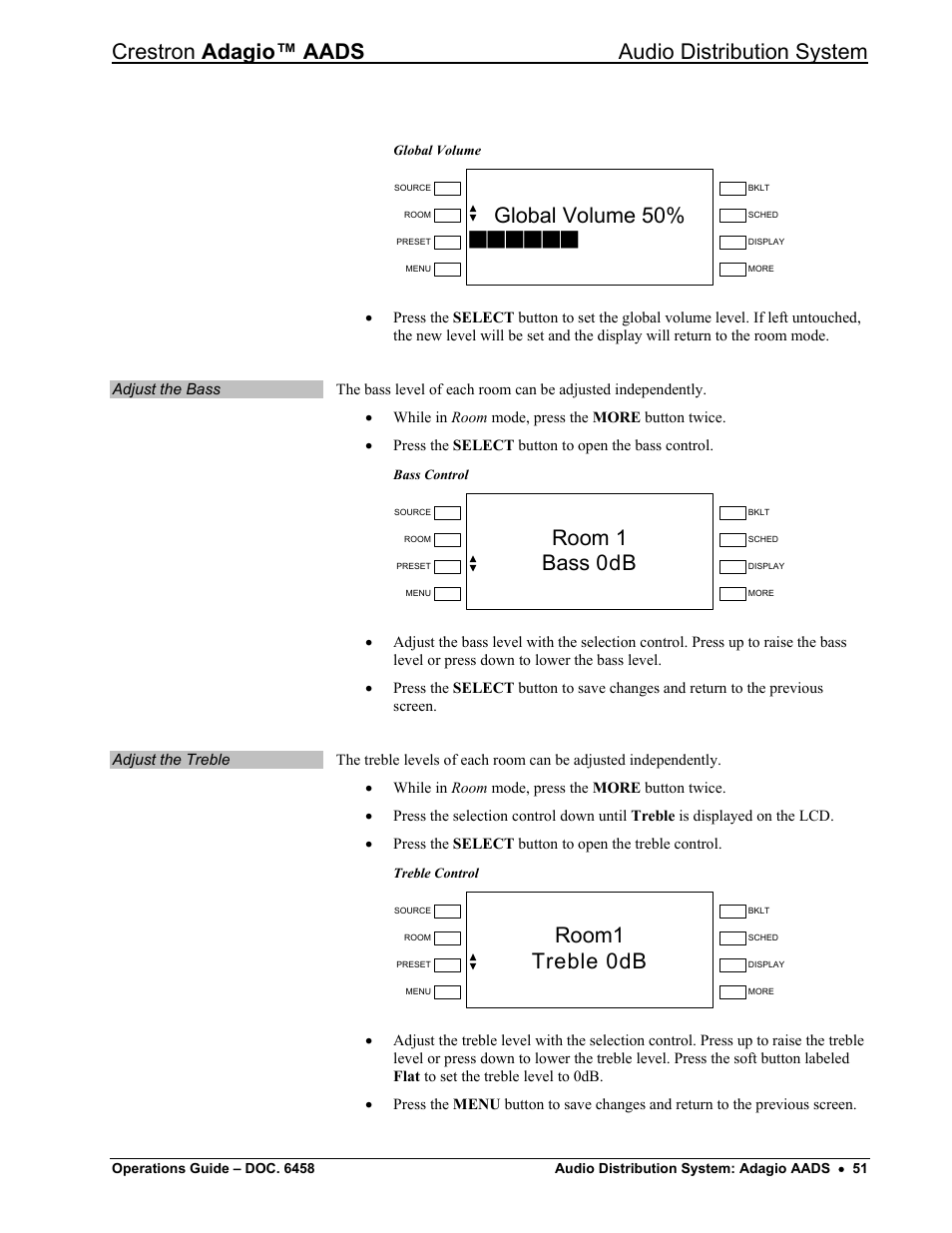 Crestron adagio™ aads audio distribution system, Global volume 50, Room 1 bass 0db | Room1 treble 0db | Crestron electronic on wall speaker User Manual | Page 55 / 68