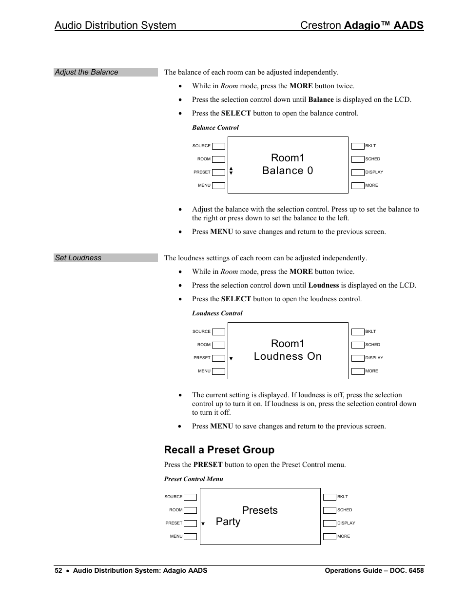 Recall a preset group, Audio distribution system crestron adagio™ aads, Room1 balance 0 | Room1 loudness on, Presets party | Crestron electronic on wall speaker User Manual | Page 56 / 68