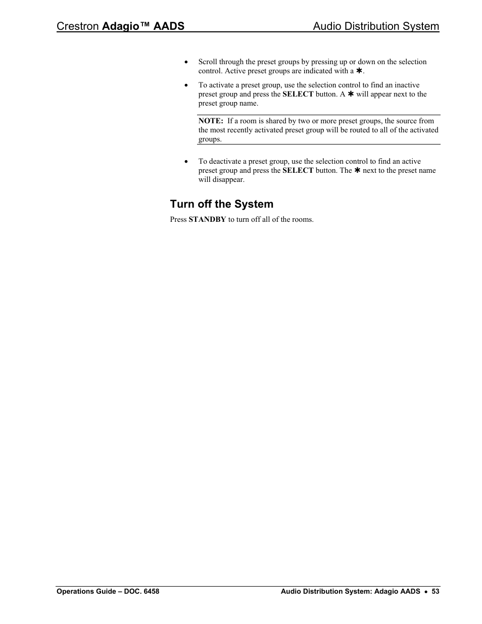 Turn off the system, Crestron adagio™ aads audio distribution system | Crestron electronic on wall speaker User Manual | Page 57 / 68