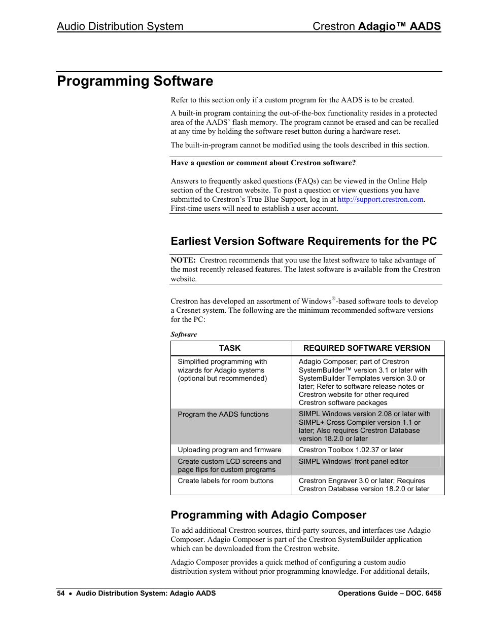 Programming software, Earliest version software requirements for the pc, Programming with adagio composer | Audio distribution system crestron adagio™ aads | Crestron electronic on wall speaker User Manual | Page 58 / 68