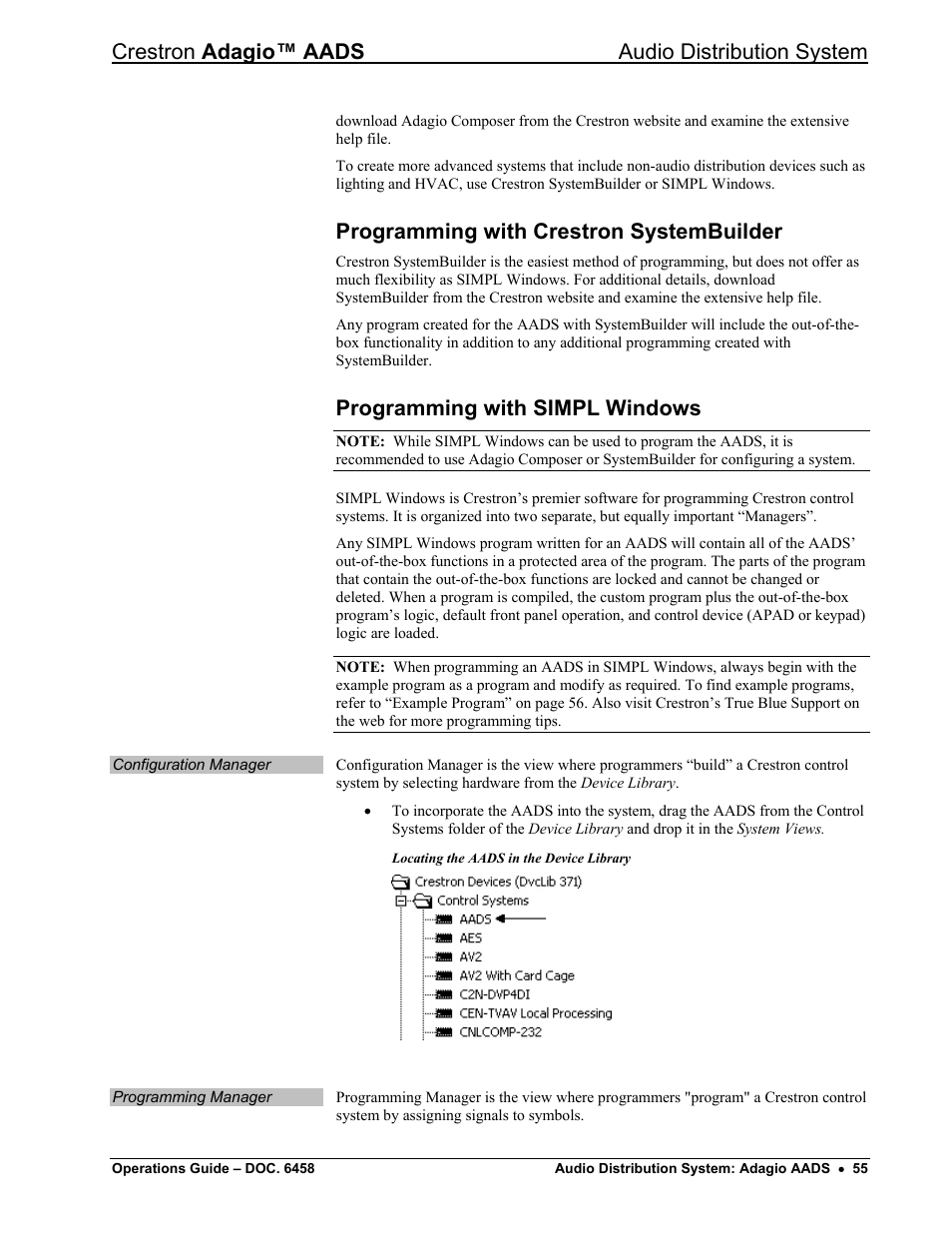 Programming with crestron systembuilder, Programming with simpl windows, Crestron adagio™ aads audio distribution system | Crestron electronic on wall speaker User Manual | Page 59 / 68