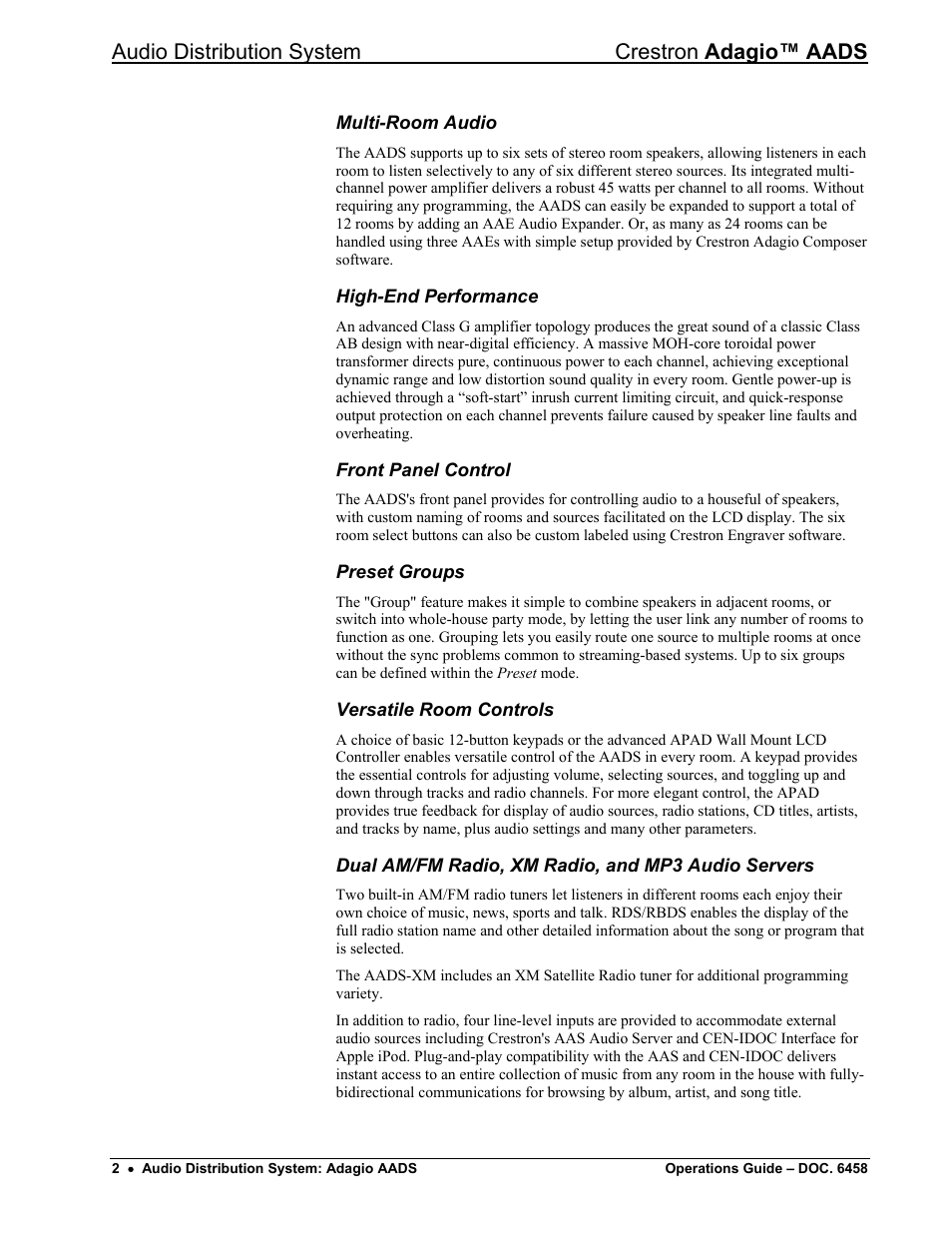 Multi-room audio, High-end performance, Front panel control | Preset groups, Versatile room controls, Dual am/fm radio, xm radio, and mp3 audio servers, Audio distribution system crestron adagio™ aads | Crestron electronic on wall speaker User Manual | Page 6 / 68