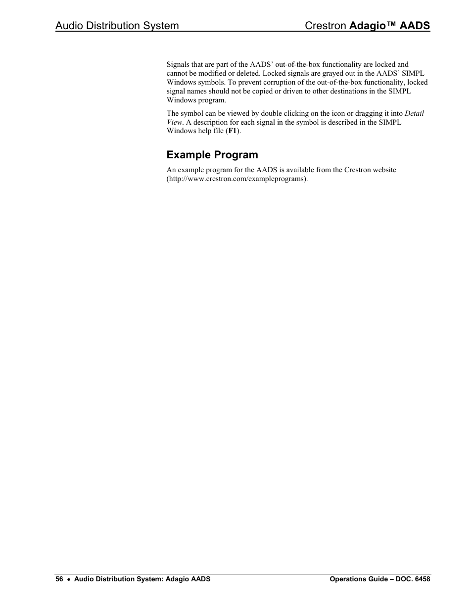 Example program, Audio distribution system crestron adagio™ aads | Crestron electronic on wall speaker User Manual | Page 60 / 68