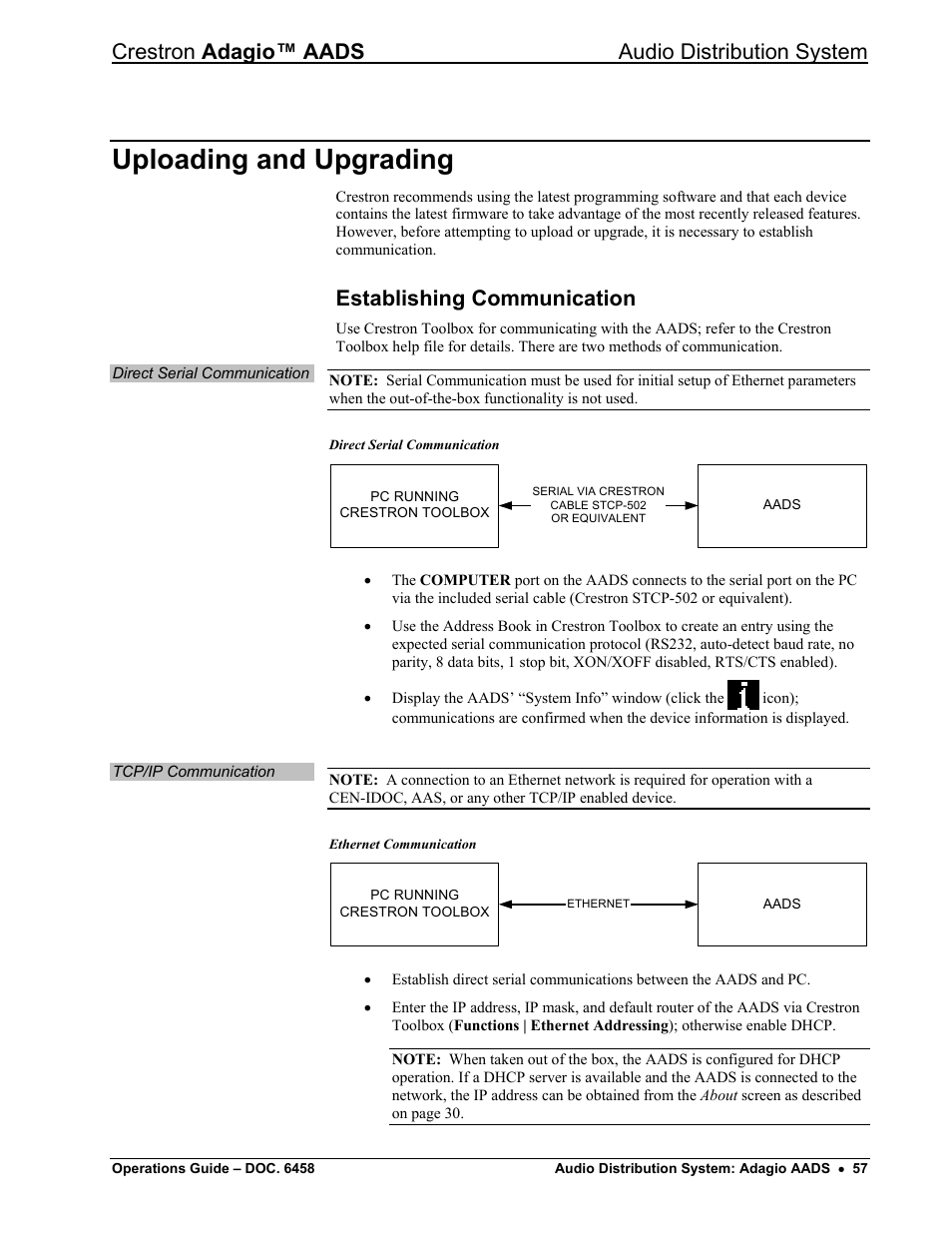 Uploading and upgrading, Establishing communication, Crestron adagio™ aads audio distribution system | Crestron electronic on wall speaker User Manual | Page 61 / 68