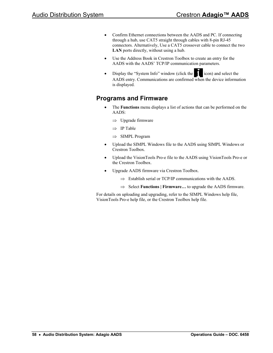 Programs and firmware, Audio distribution system crestron adagio™ aads | Crestron electronic on wall speaker User Manual | Page 62 / 68