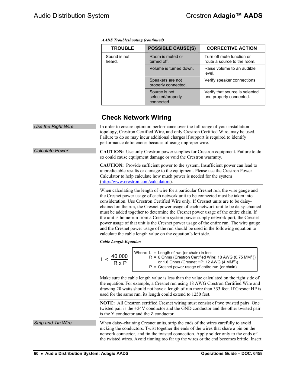 Check network wiring, Audio distribution system crestron adagio™ aads | Crestron electronic on wall speaker User Manual | Page 64 / 68