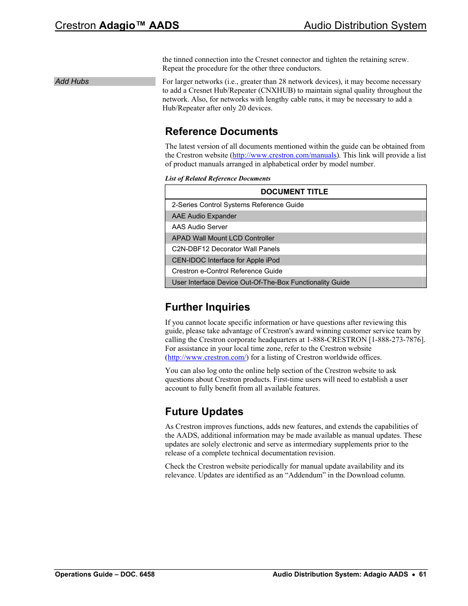 Reference documents, Further inquiries, Future updates | Crestron adagio™ aads audio distribution system | Crestron electronic on wall speaker User Manual | Page 65 / 68