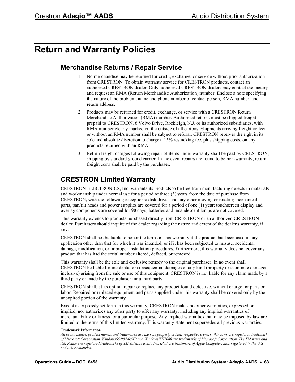 Return and warranty policies, Merchandise returns / repair service, Crestron limited warranty | Crestron adagio™ aads audio distribution system | Crestron electronic on wall speaker User Manual | Page 67 / 68