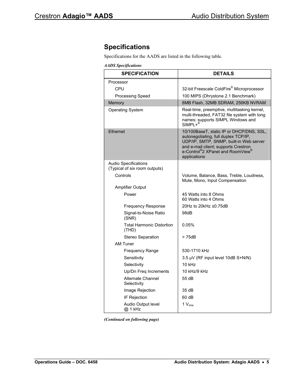 Specifications, Crestron adagio™ aads audio distribution system | Crestron electronic on wall speaker User Manual | Page 9 / 68