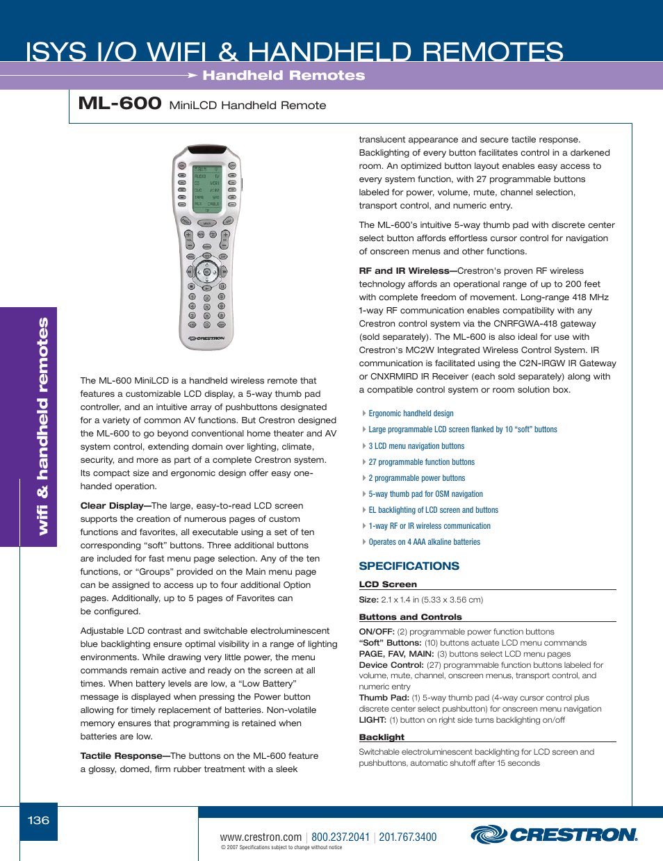 48399_136.pdf, Isys i/o wifi & handheld remotes, Ml-600 | Wifi & handheld remotes, Handheld remotes | Crestron electronic CNRFGWA-418 User Manual | Page 10 / 26