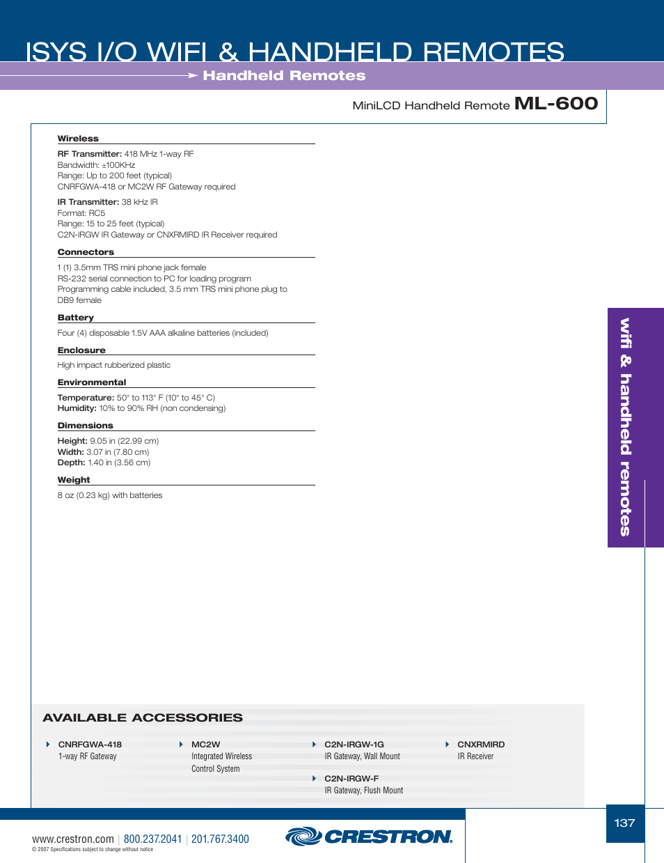 48399_137.pdf, Isys i/o wifi & handheld remotes, Ml-600 | Wifi & handheld remotes, Handheld remotes | Crestron electronic CNRFGWA-418 User Manual | Page 11 / 26