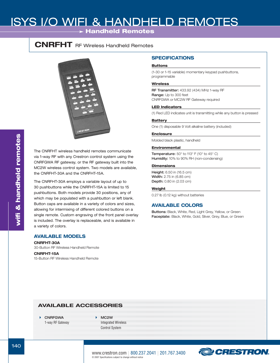 48399_140.pdf, Isys i/o wifi & handheld remotes, Cnrfht | Wifi & handheld remotes, Handheld remotes | Crestron electronic CNRFGWA-418 User Manual | Page 14 / 26