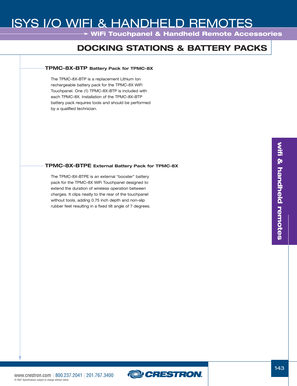 48399_143.pdf, Isys i/o wifi & handheld remotes, Docking stations & battery packs | Wifi & handheld remotes | Crestron electronic CNRFGWA-418 User Manual | Page 17 / 26