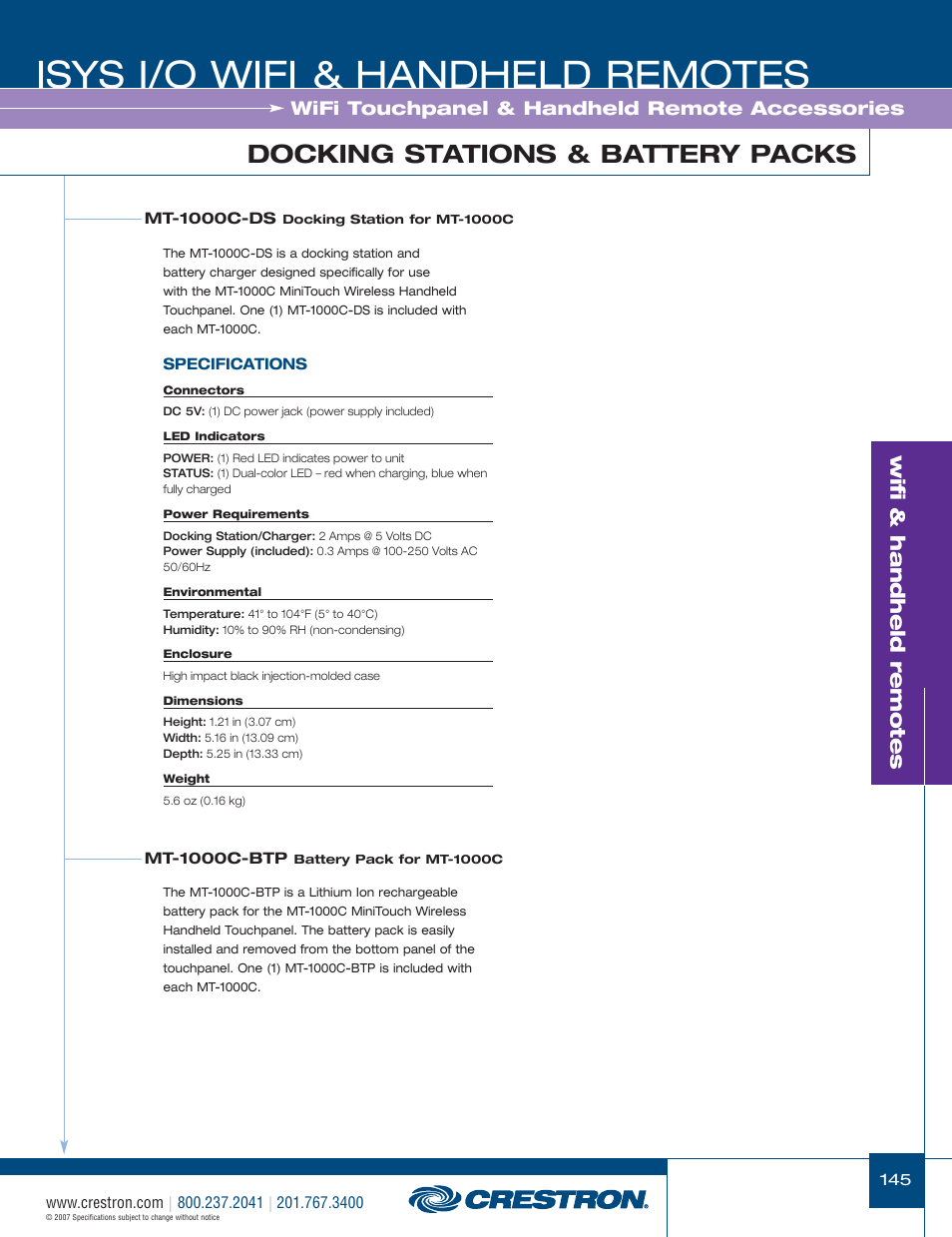 48399_145.pdf, Isys i/o wifi & handheld remotes, Docking stations & battery packs | Wifi & handheld remotes, Wifi touchpanel & handheld remote accessories | Crestron electronic CNRFGWA-418 User Manual | Page 19 / 26