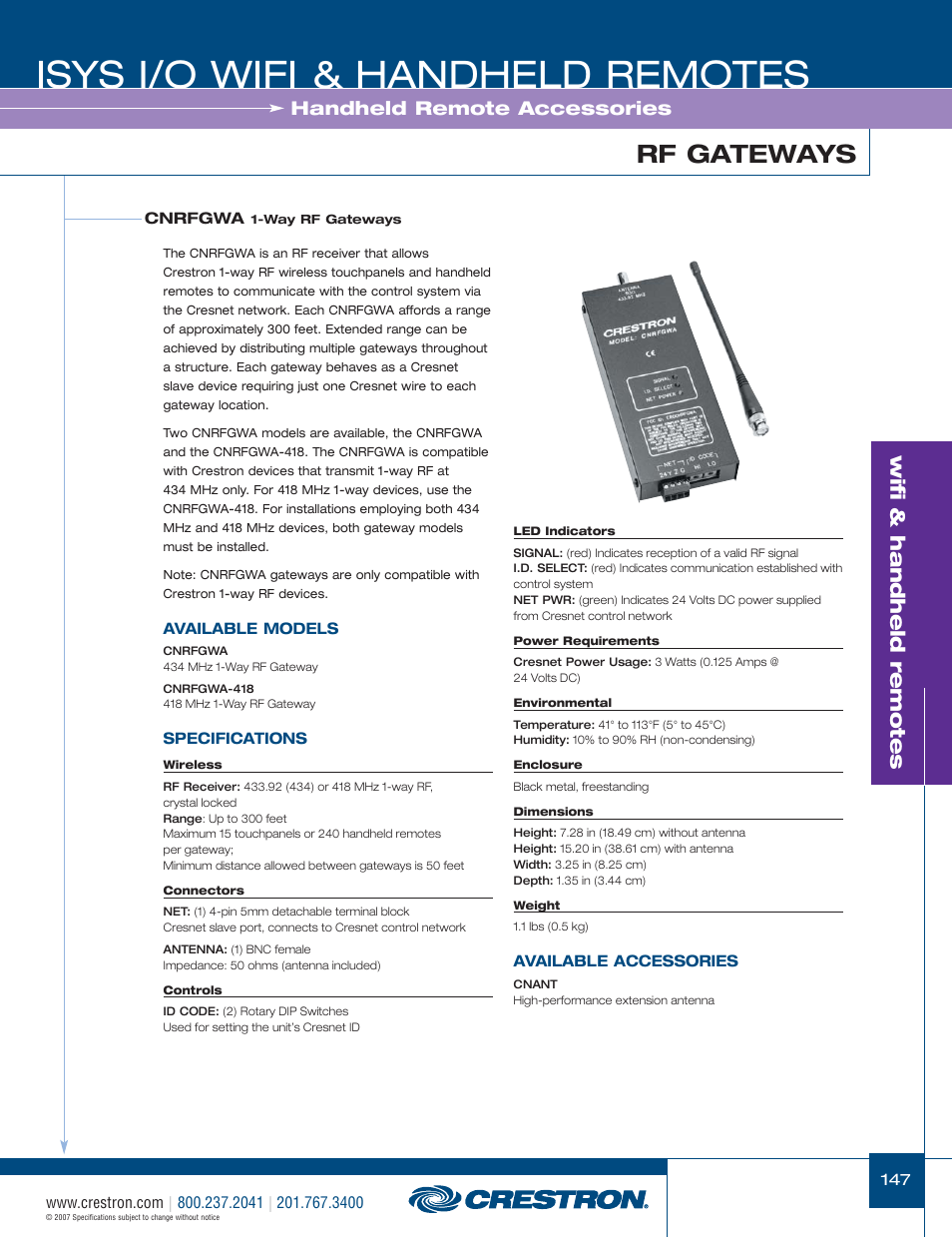 48399_147.pdf, Isys i/o wifi & handheld remotes, Rf gateways | Wifi & handheld remotes, Handheld remote accessories | Crestron electronic CNRFGWA-418 User Manual | Page 21 / 26