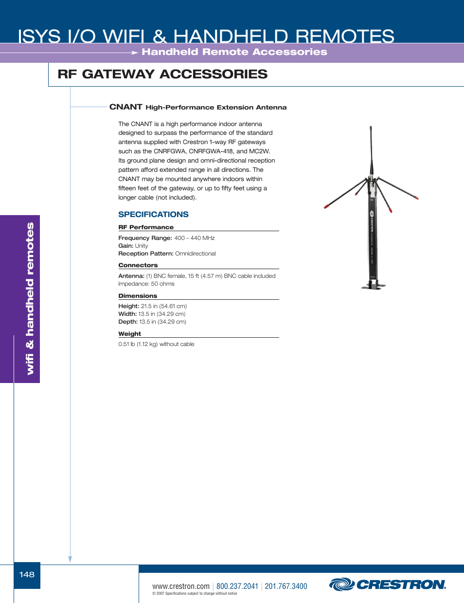 48399_148.pdf, Isys i/o wifi & handheld remotes, Rf gateway accessories | Wifi & handheld remotes, Handheld remote accessories | Crestron electronic CNRFGWA-418 User Manual | Page 22 / 26