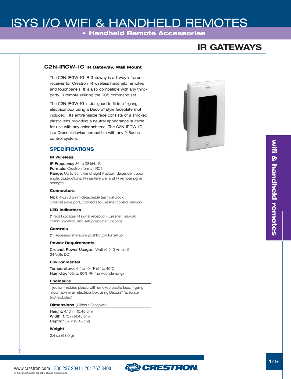 48399_149.pdf, Isys i/o wifi & handheld remotes, Ir gateways | Wifi & handheld remotes, Handheld remote accessories | Crestron electronic CNRFGWA-418 User Manual | Page 23 / 26