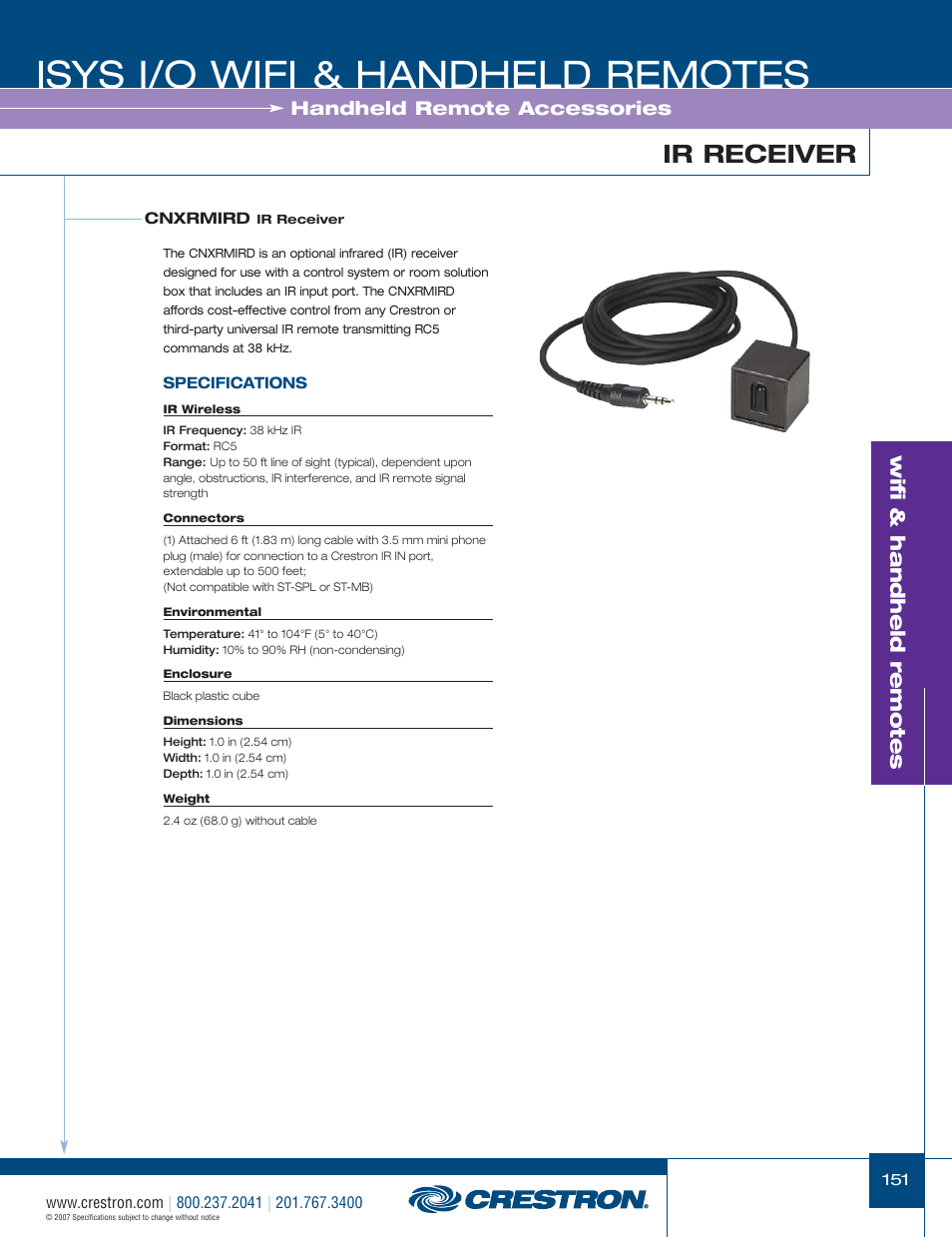 48399_151.pdf, Isys i/o wifi & handheld remotes, Ir receiver | Wifi & handheld remotes, Handheld remote accessories | Crestron electronic CNRFGWA-418 User Manual | Page 25 / 26