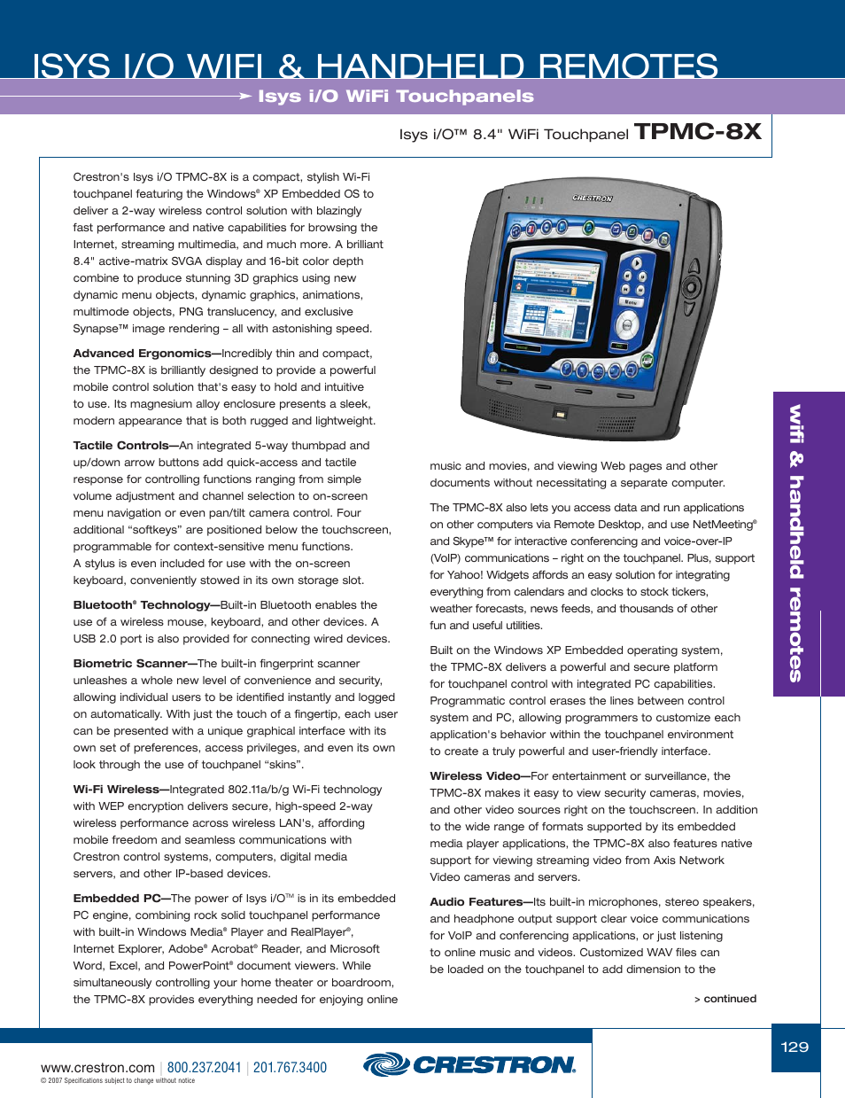 48399_129.pdf, Isys i/o wifi & handheld remotes, Tpmc-8x | Wifi & handheld remotes, Isys i/o wifi touchpanels | Crestron electronic CNRFGWA-418 User Manual | Page 3 / 26