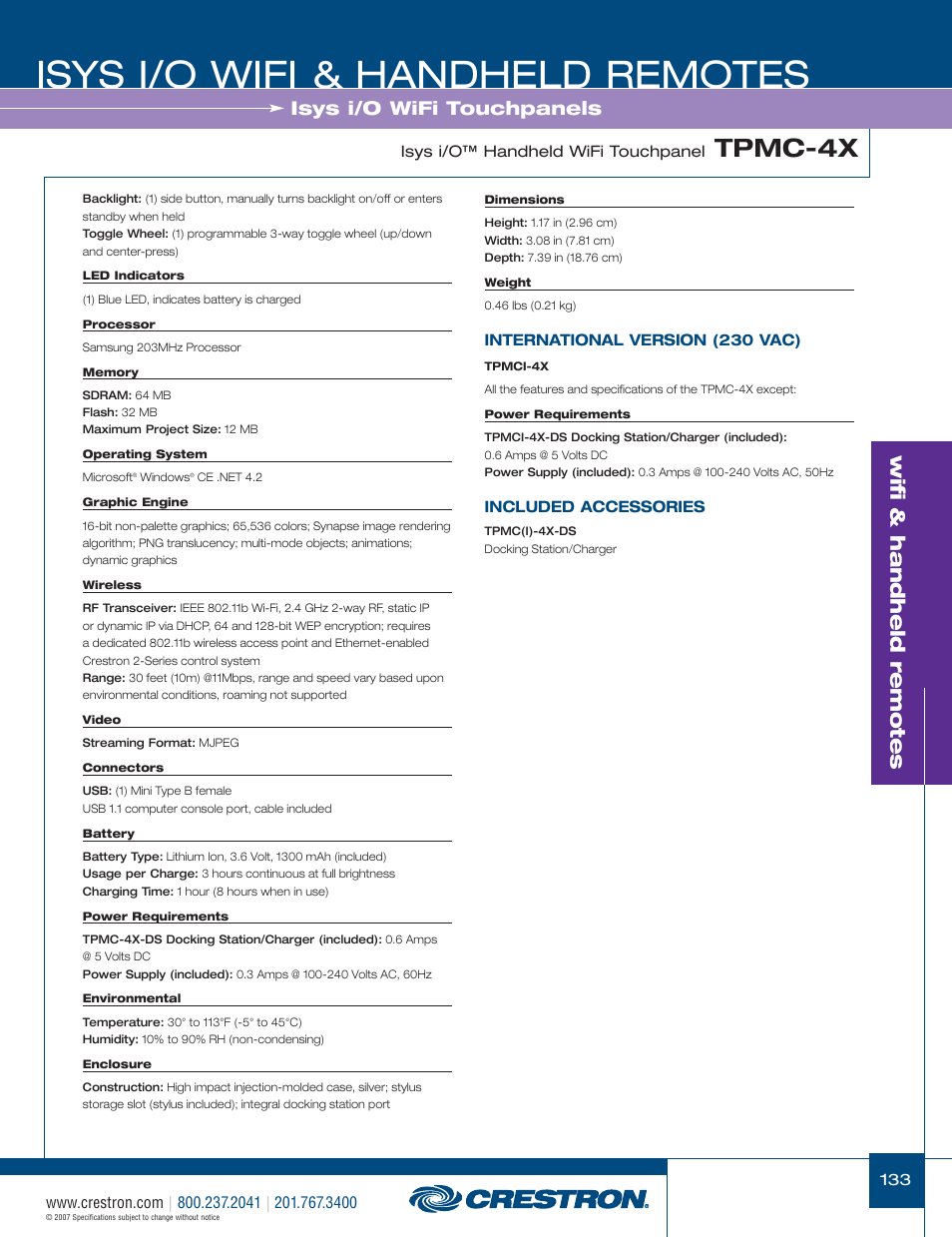 48399_133.pdf, Isys i/o wifi & handheld remotes, Tpmc-4x | Wifi & handheld remotes, Isys i/o wifi touchpanels | Crestron electronic CNRFGWA-418 User Manual | Page 7 / 26