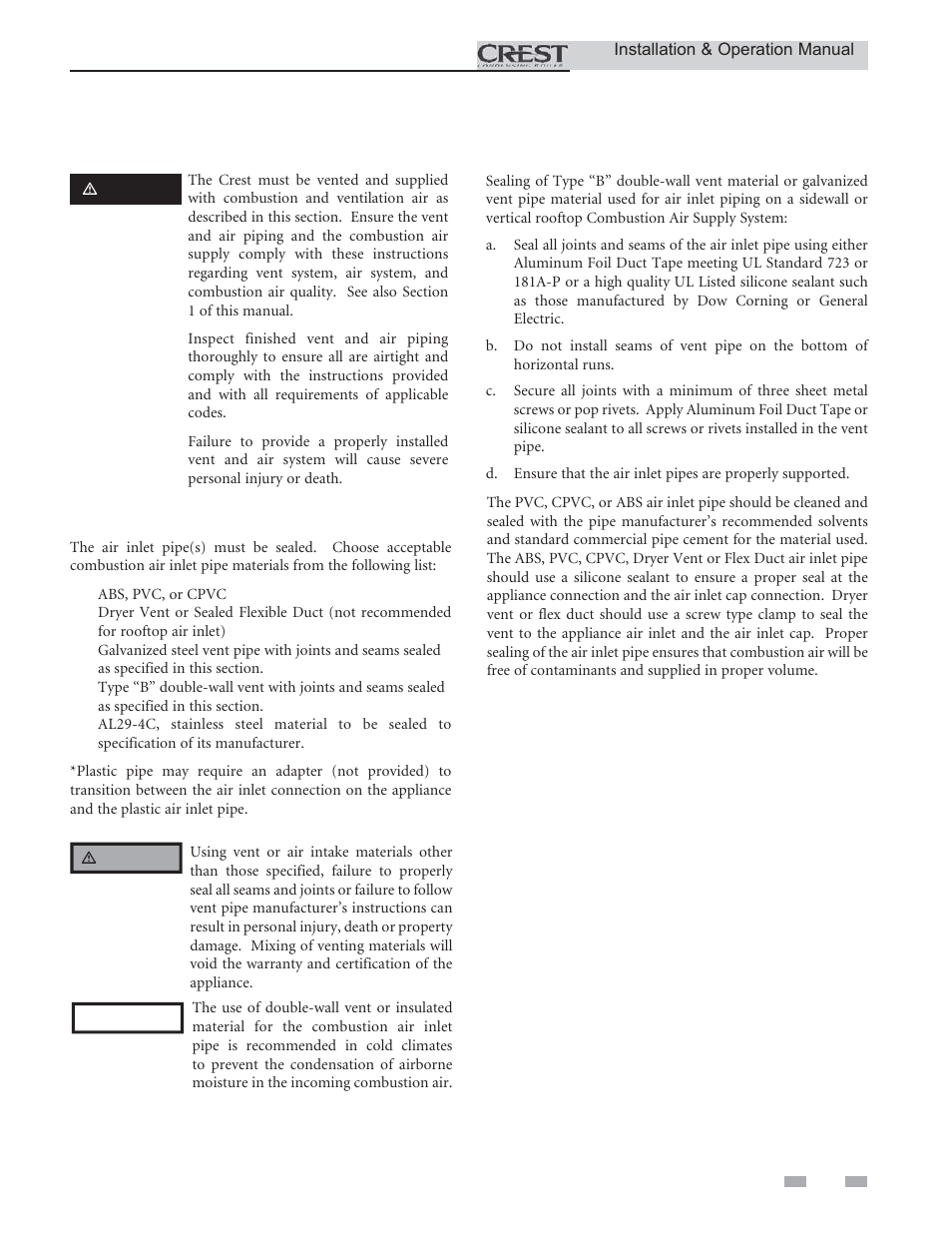 General, Venting, Install vent and combustion air piping | Crestron electronic Crest Condensing Boiler 3.5 User Manual | Page 15 / 60
