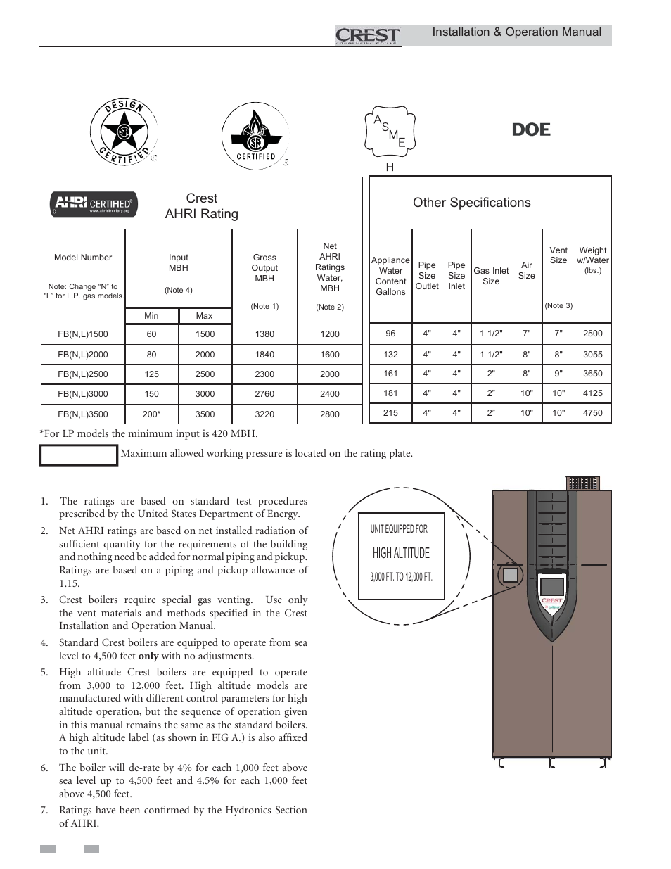 Ratings, High altitude, Crest ahri rating | Other specifications, Installation & operation manual | Crestron electronic Crest Condensing Boiler 3.5 User Manual | Page 6 / 60