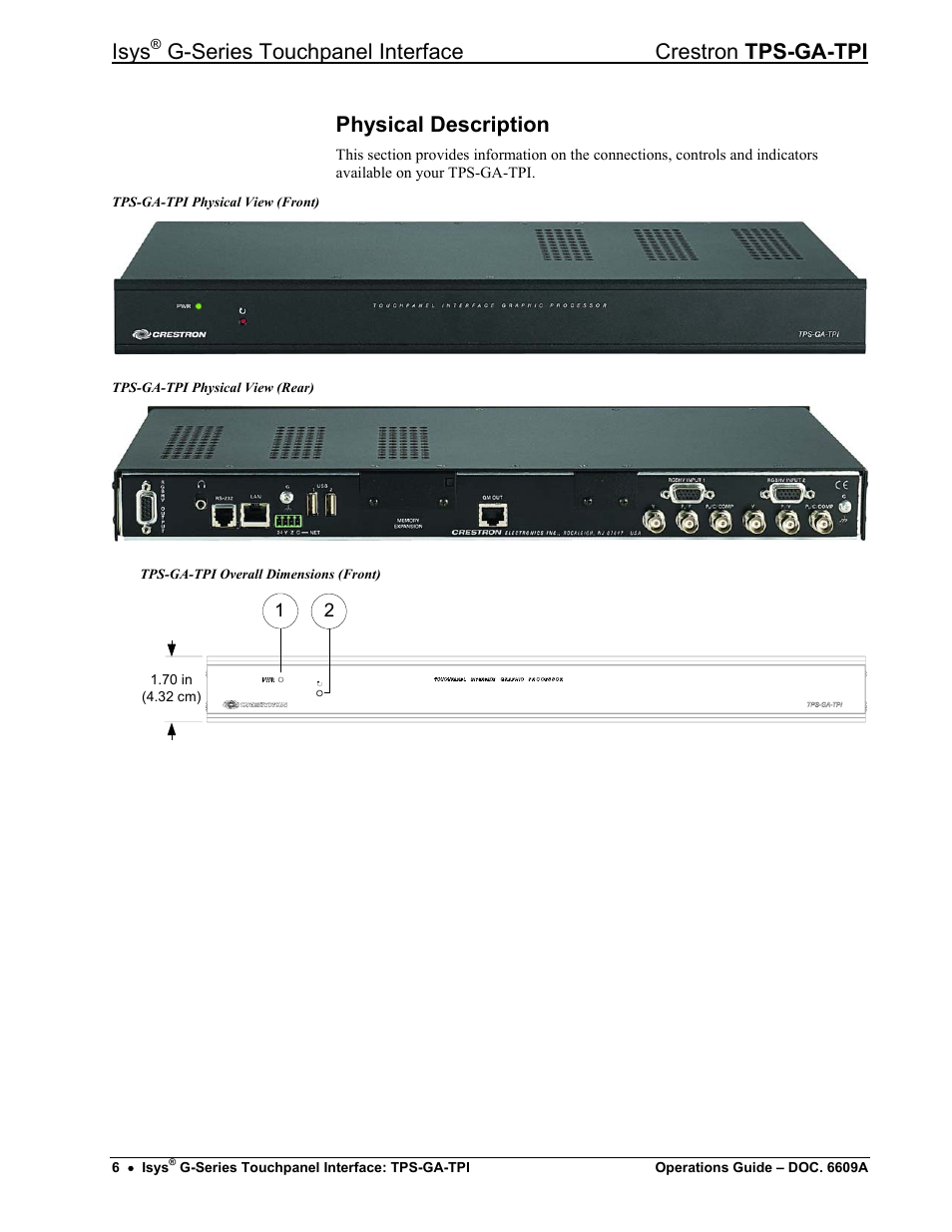 Physical description, Isys, G-series touchpanel interface crestron tps-ga-tpi | Crestron electronic TPS-GA-TPI User Manual | Page 10 / 56
