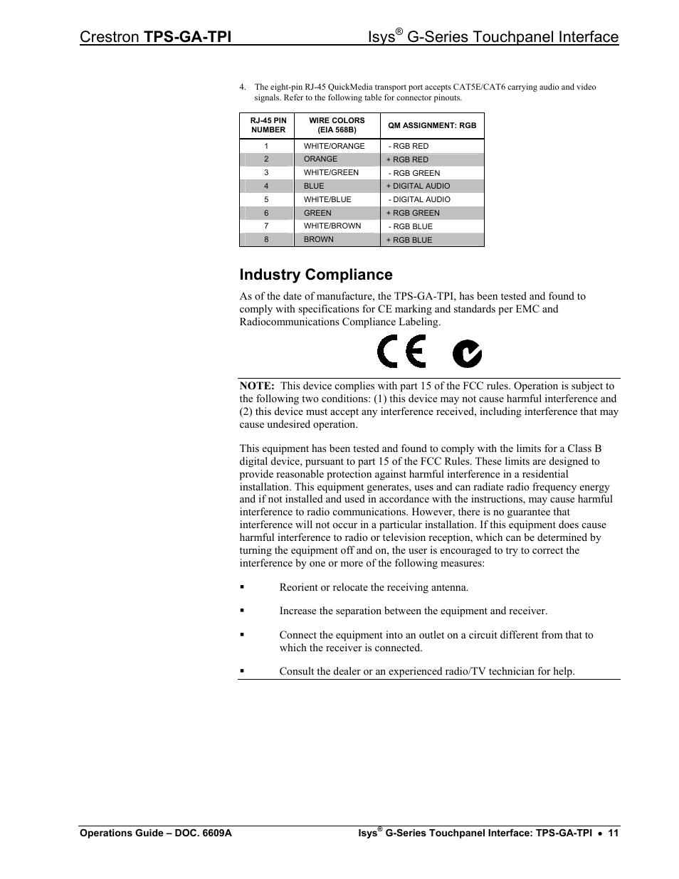 Industry compliance, Crestron tps-ga-tpi isys, G-series touchpanel interface | Crestron electronic TPS-GA-TPI User Manual | Page 15 / 56
