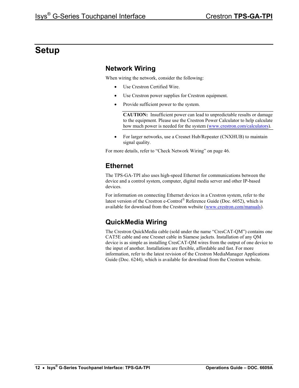 Setup, Network wiring, Ethernet | Quickmedia wiring, Isys, G-series touchpanel interface crestron tps-ga-tpi | Crestron electronic TPS-GA-TPI User Manual | Page 16 / 56
