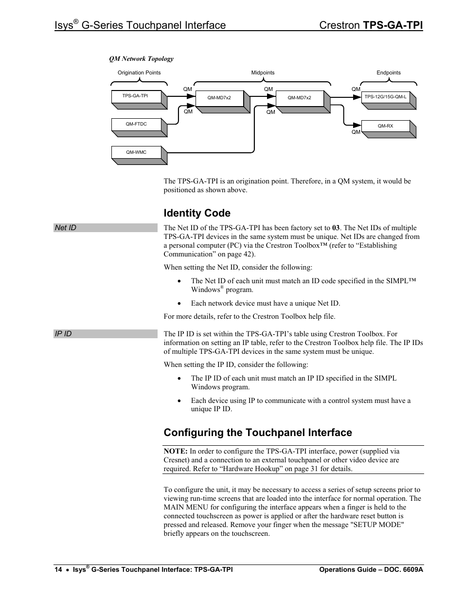 Identity code, Configuring the touchpanel interface, Isys | G-series touchpanel interface crestron tps-ga-tpi | Crestron electronic TPS-GA-TPI User Manual | Page 18 / 56