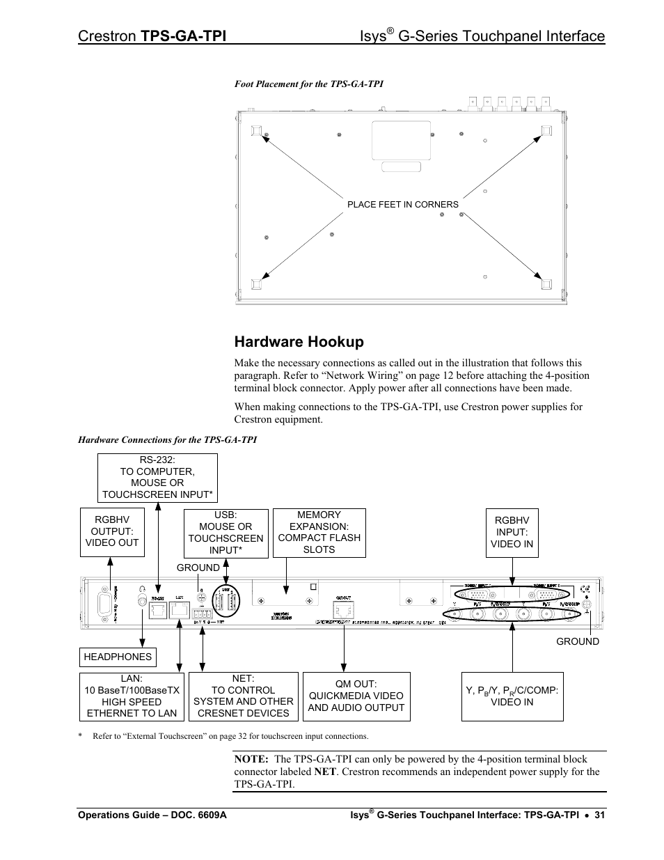Hardware hookup, Crestron tps-ga-tpi isys, G-series touchpanel interface | Crestron electronic TPS-GA-TPI User Manual | Page 35 / 56