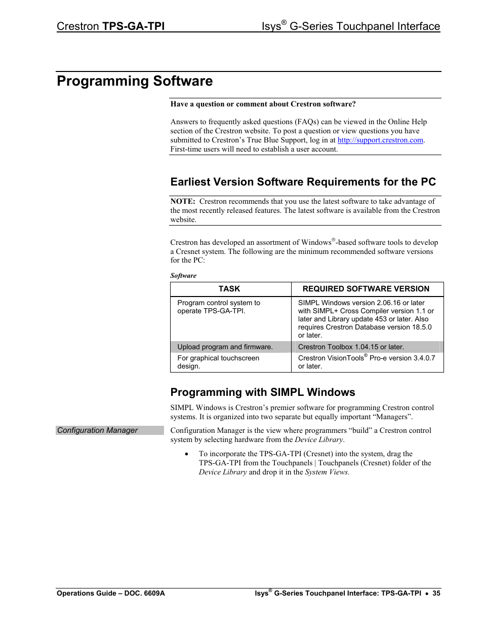 Programming software, Earliest version software requirements for the pc, Programming with simpl windows | Crestron tps-ga-tpi isys, G-series touchpanel interface | Crestron electronic TPS-GA-TPI User Manual | Page 39 / 56
