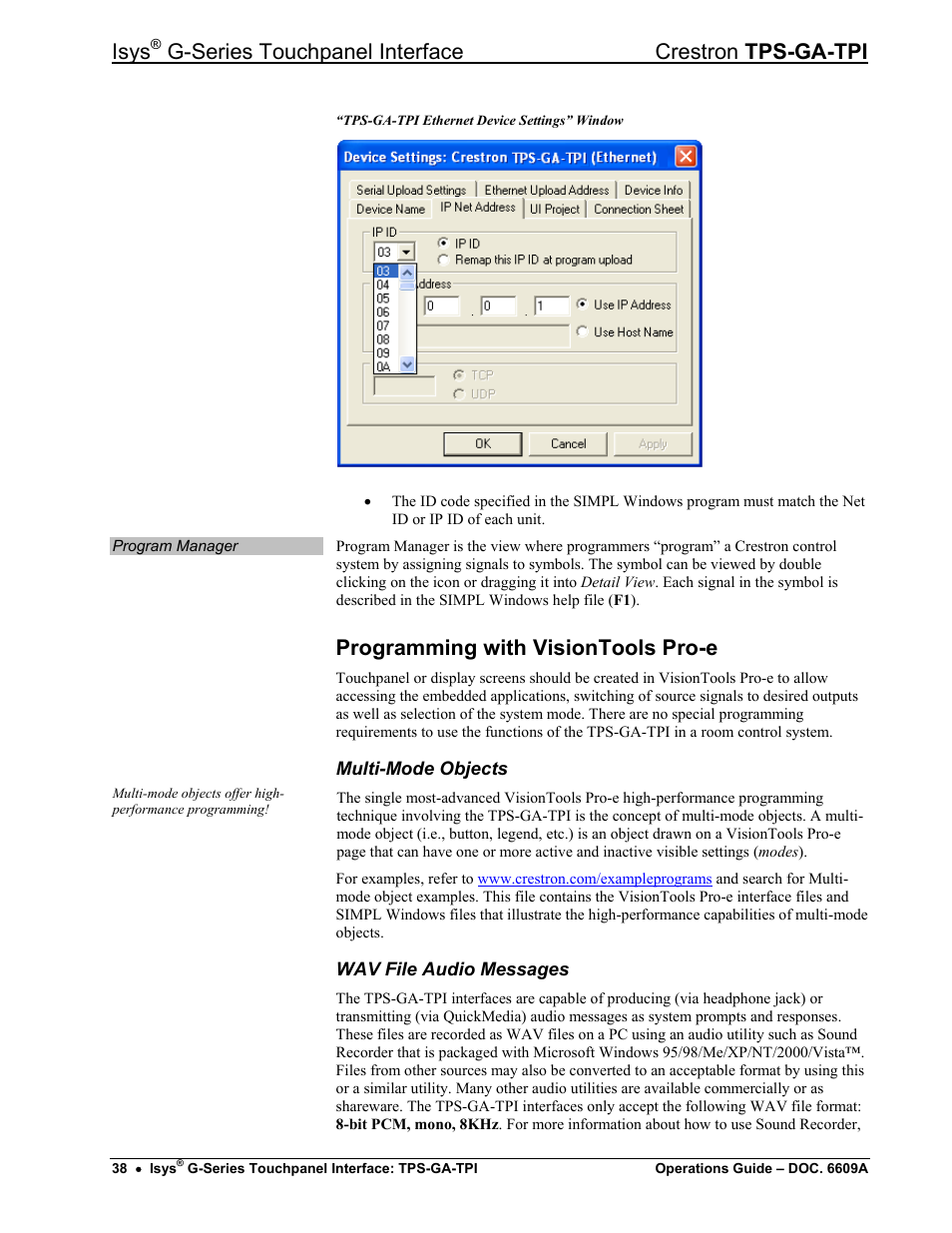 Programming with visiontools pro-e, Isys, G-series touchpanel interface crestron tps-ga-tpi | Crestron electronic TPS-GA-TPI User Manual | Page 42 / 56
