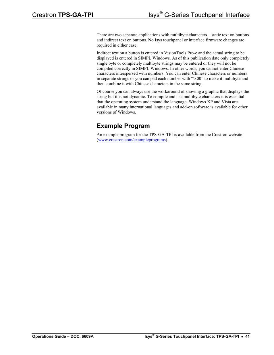 Example program, Crestron tps-ga-tpi isys, G-series touchpanel interface | Crestron electronic TPS-GA-TPI User Manual | Page 45 / 56