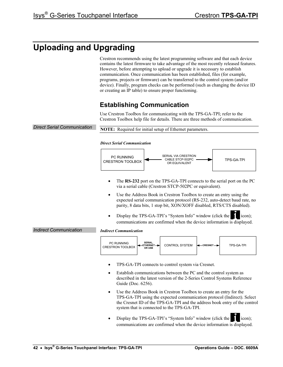 Uploading and upgrading, Establishing communication, Isys | G-series touchpanel interface crestron tps-ga-tpi | Crestron electronic TPS-GA-TPI User Manual | Page 46 / 56