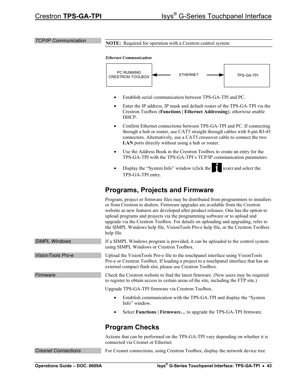 Programs, projects and firmware, Program checks, Crestron tps-ga-tpi isys | G-series touchpanel interface | Crestron electronic TPS-GA-TPI User Manual | Page 47 / 56