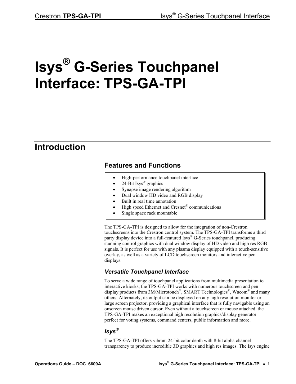 Isys® g-series touchpanel interface: tps-ga-tpi, Introduction, Features and functions | Isys, G-series touchpanel interface: tps-ga-tpi, Crestron tps-ga-tpi isys, G-series touchpanel interface | Crestron electronic TPS-GA-TPI User Manual | Page 5 / 56