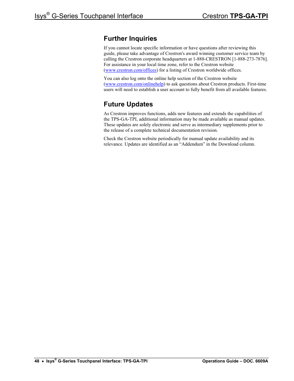 Further inquiries, Future updates, Isys | G-series touchpanel interface crestron tps-ga-tpi | Crestron electronic TPS-GA-TPI User Manual | Page 52 / 56