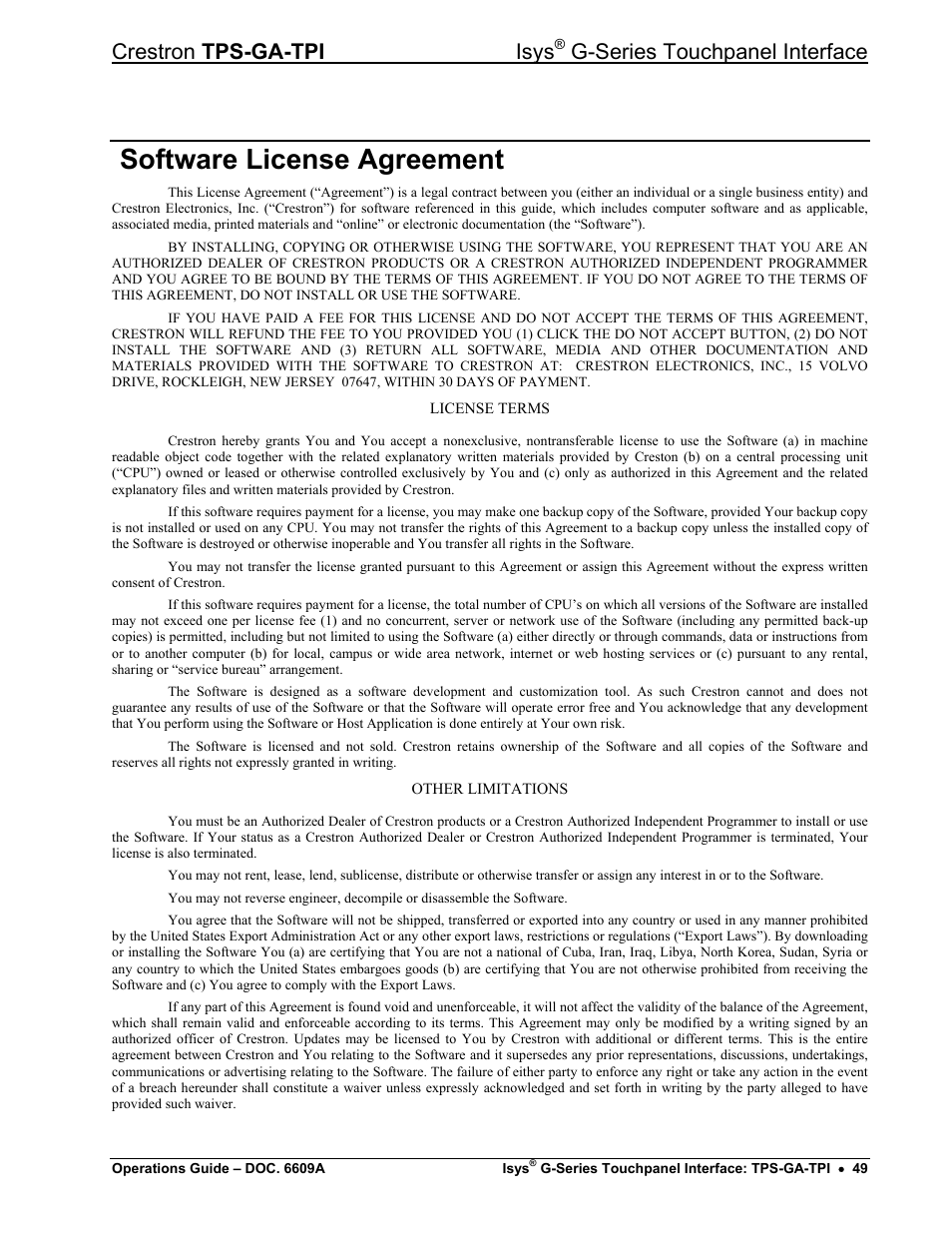 Software license agreement, Crestron tps-ga-tpi isys, G-series touchpanel interface | Crestron electronic TPS-GA-TPI User Manual | Page 53 / 56