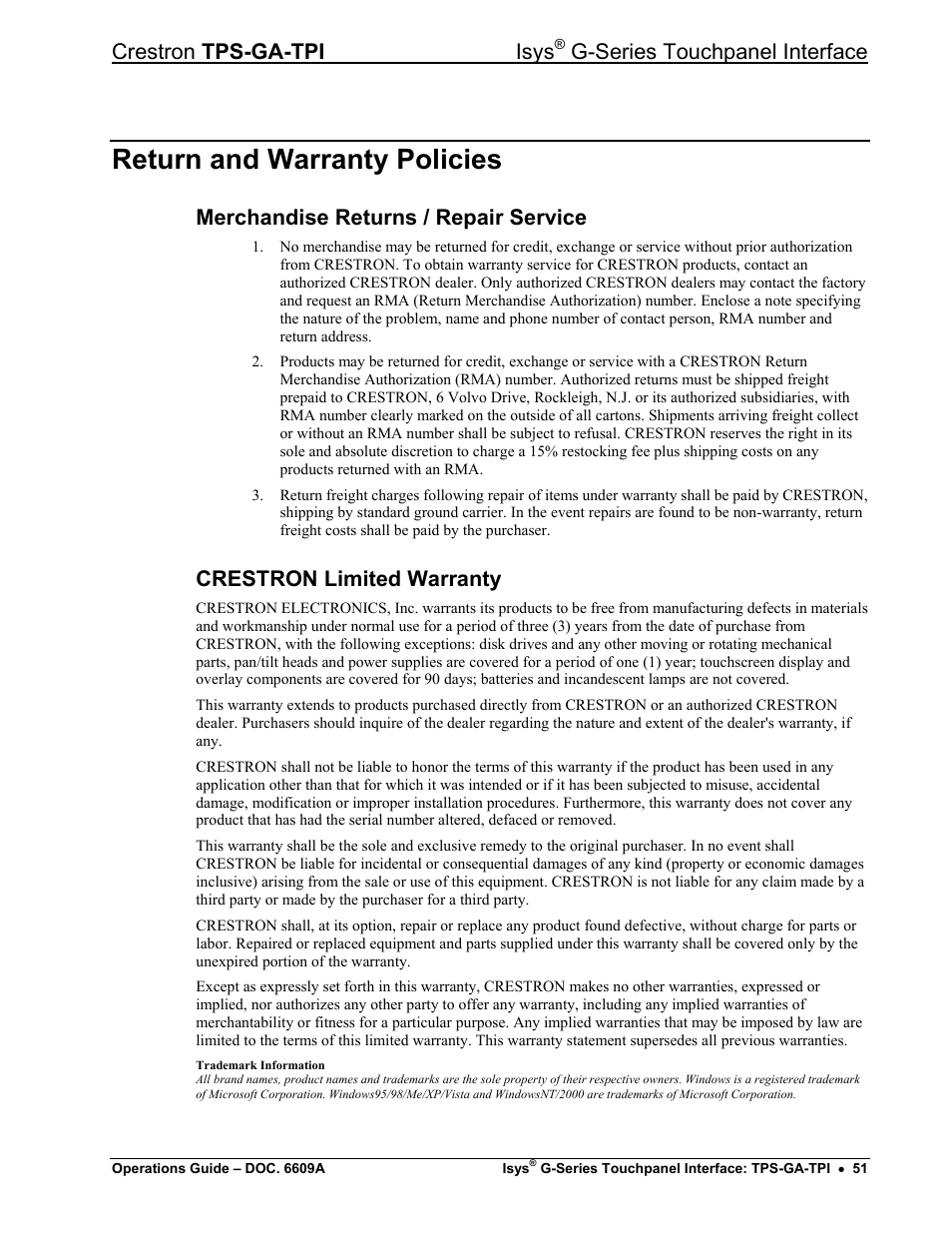Return and warranty policies, Merchandise returns / repair service, Crestron limited warranty | Crestron tps-ga-tpi isys, G-series touchpanel interface | Crestron electronic TPS-GA-TPI User Manual | Page 55 / 56