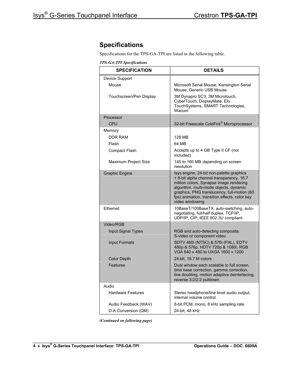 Specifications, Isys, G-series touchpanel interface crestron tps-ga-tpi | Crestron electronic TPS-GA-TPI User Manual | Page 8 / 56